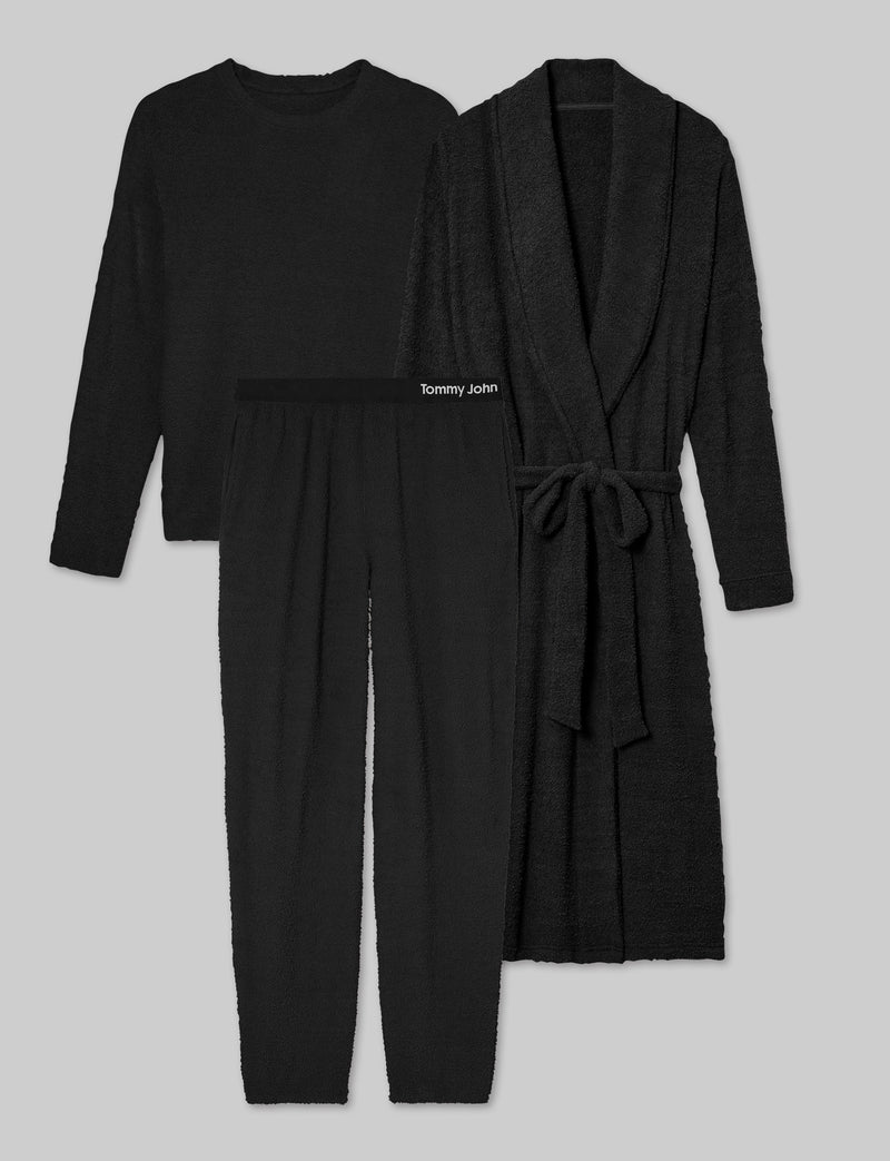 Women's Plush Crewneck Sweatshirt, Jogger & Robe Set::Black
