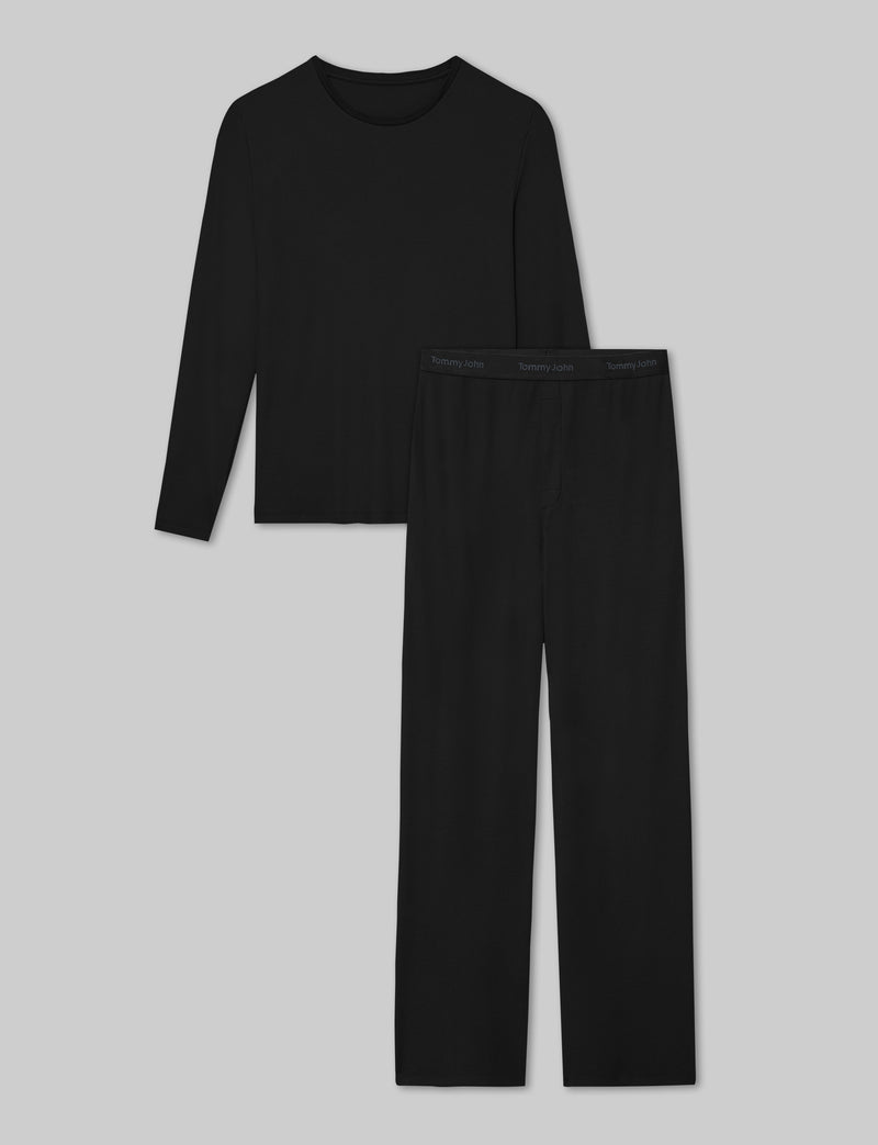 Waffle Long Sleeve Crew Neck & Pant Set::Black