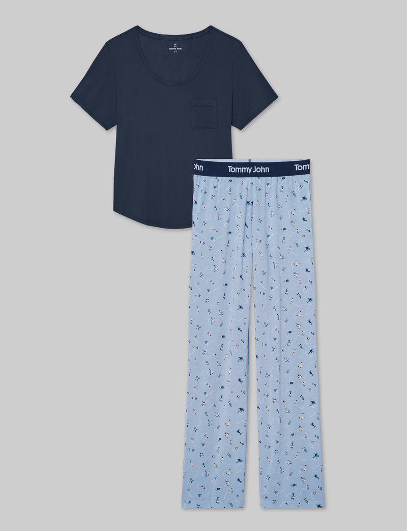 Women's Second Skin Sleep Pocket Tee & Pant Set::Dress Blues/Skaters