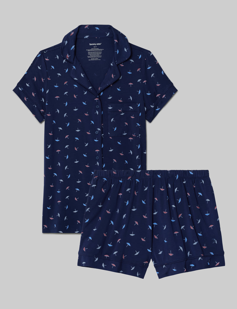 Women's Downtime Pajama Top & Short Set::Dress Blues Floating Umbrellas