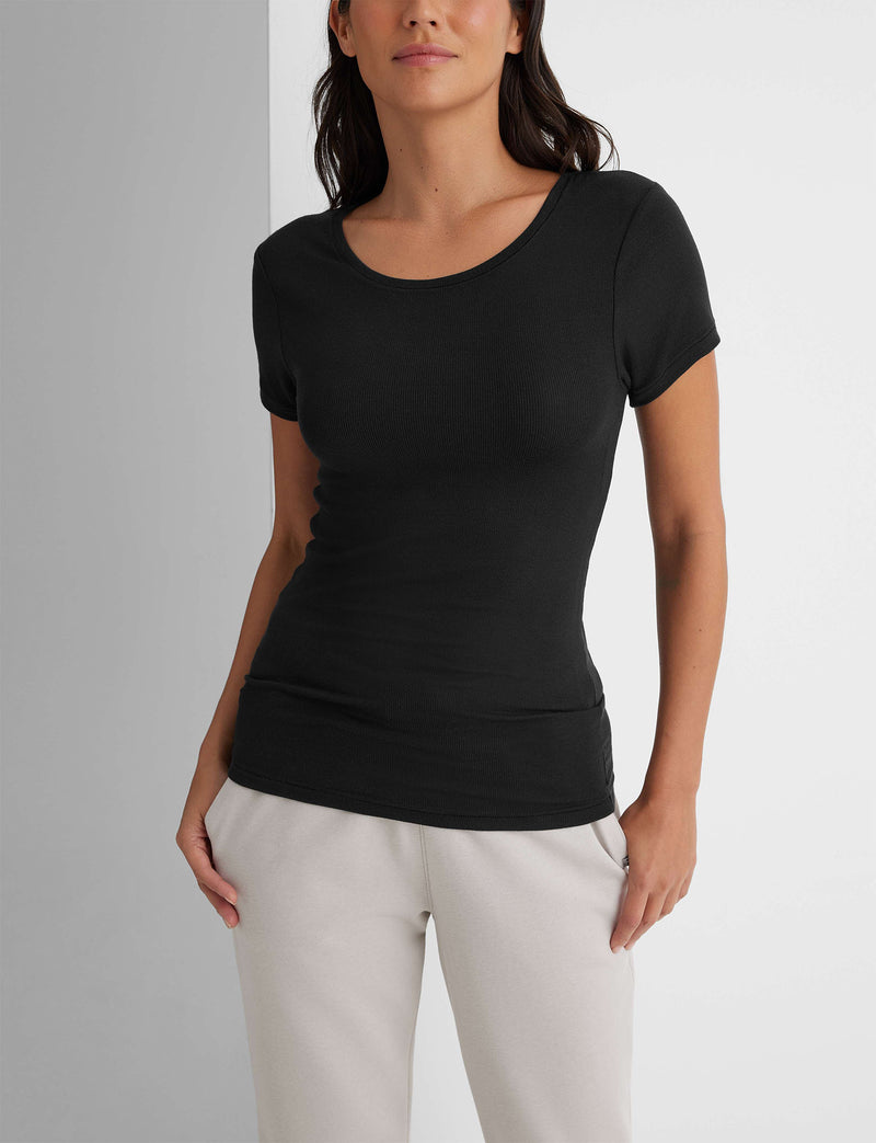 Women's Micro Rib Cap Sleeve Tee::Black