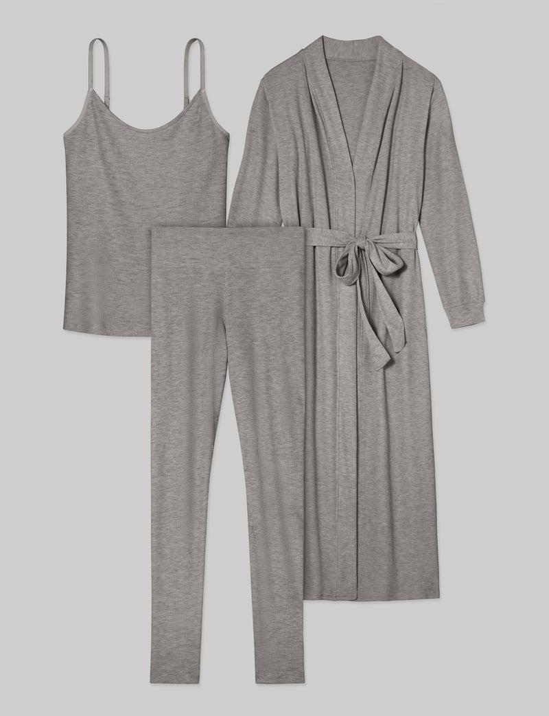 Women's Waffle Lounge Tank, Legging & Robe Set::Medium Heather Grey