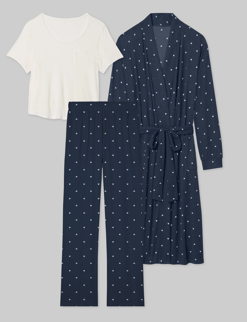 Women's Second Skin Tee, Cozy Pant, & Robe Set::Mini Hearts/Coconut Milk