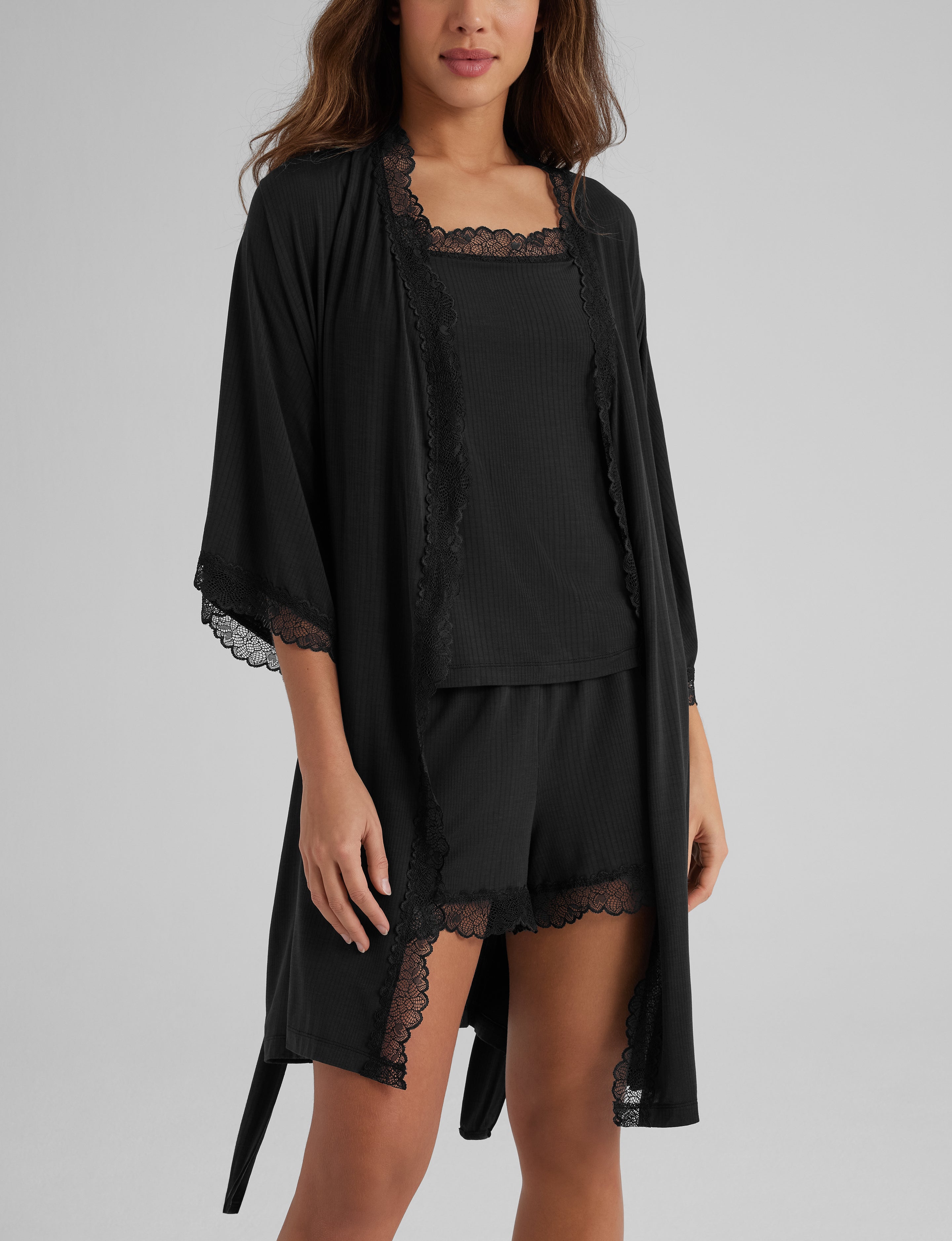 Women's Luxe Rib Lace Cami, Short & Robe Set