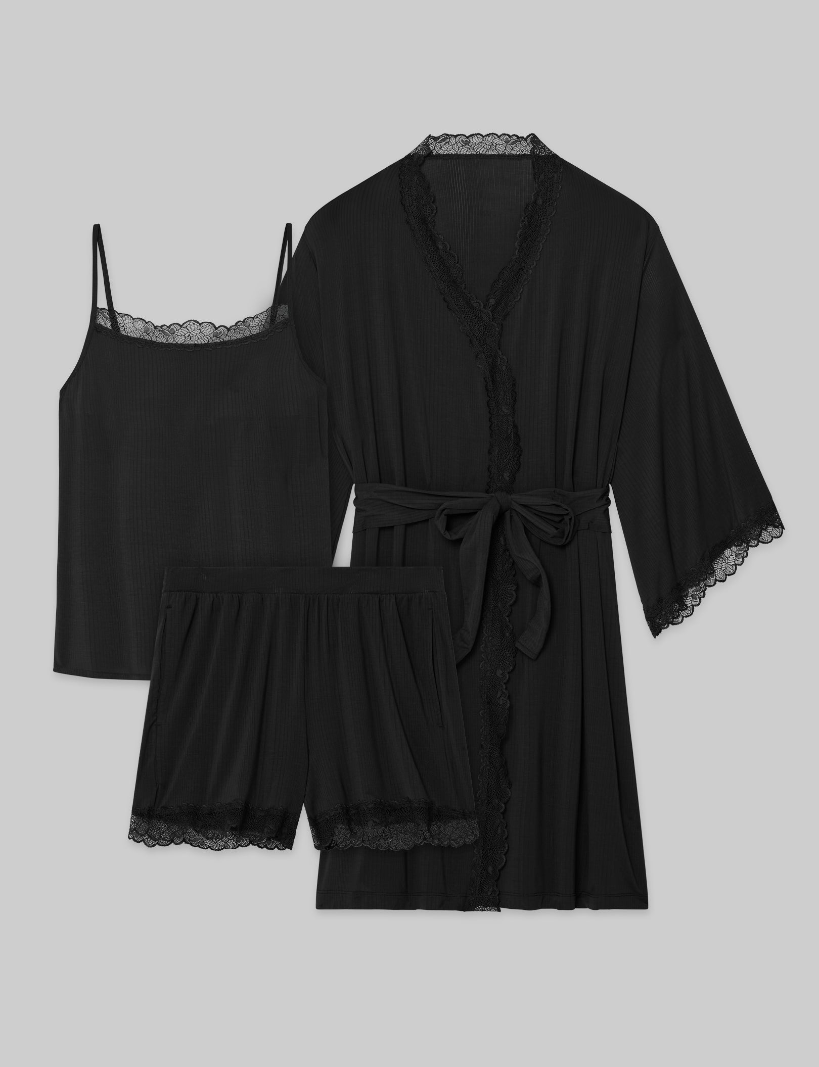 Women's Luxe Rib Lace Cami, Short & Robe Set