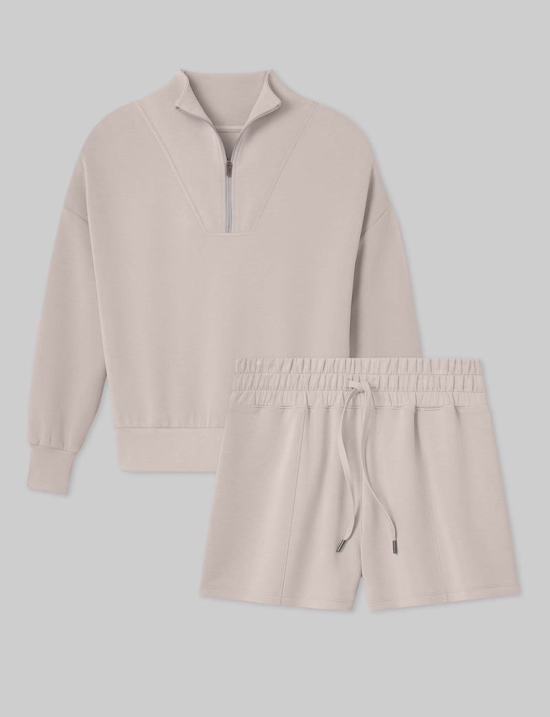 Women's Luxe Traveler Knit Quarter Zip & Short Set::Ashes of Roses