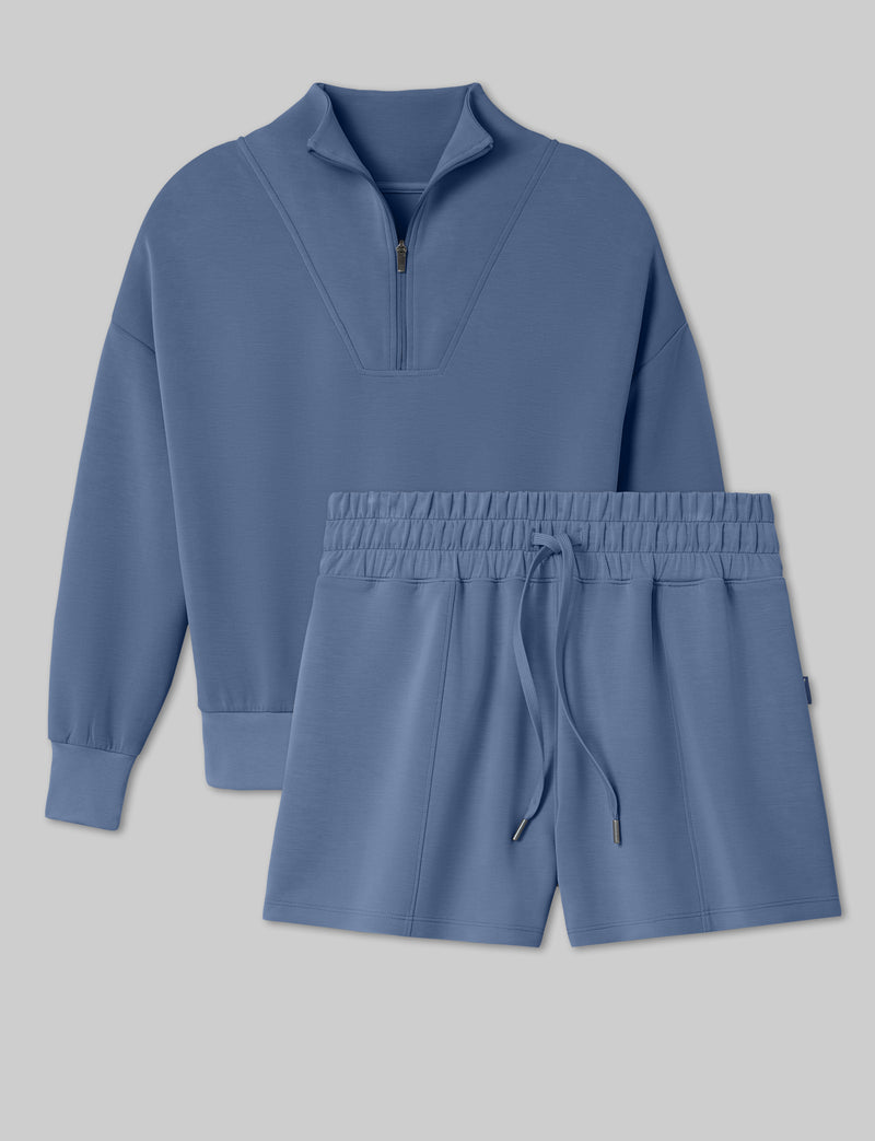 Women's Luxe Traveler Knit Quarter Zip & Short Set::Vintage Indigo