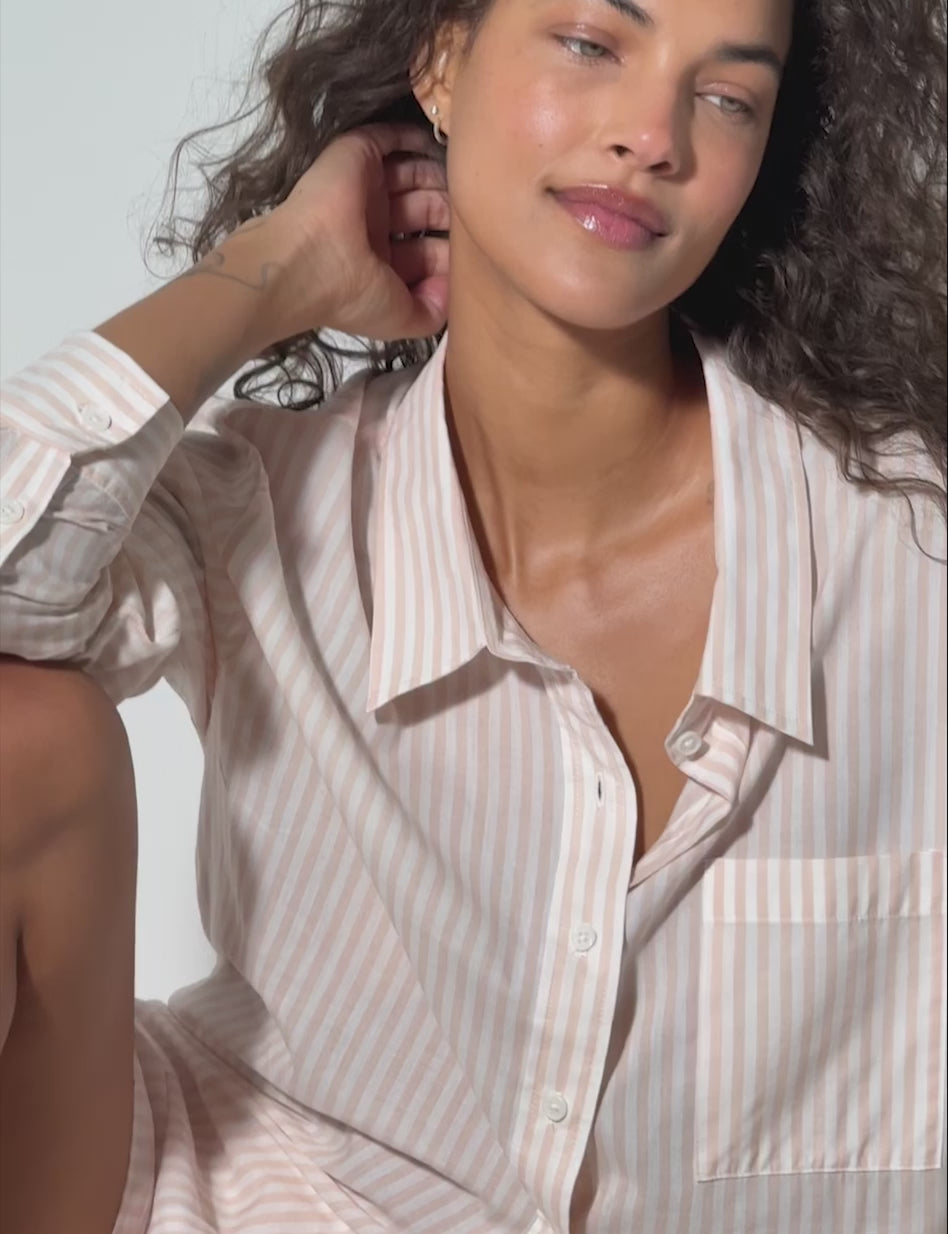 Women's Woven Button Down Shirt::Cameo Rose Coastal Stripe